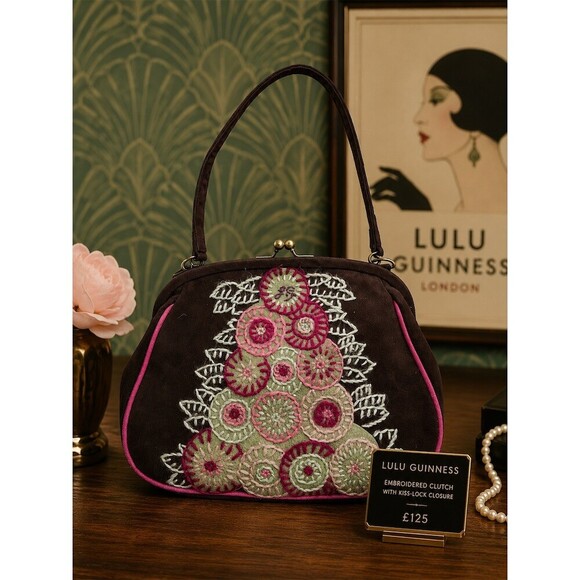 Lulu Guinness Handbags - Lulu Guinness Brown Floral Kiss Lock Clutch Handbag Small Womens